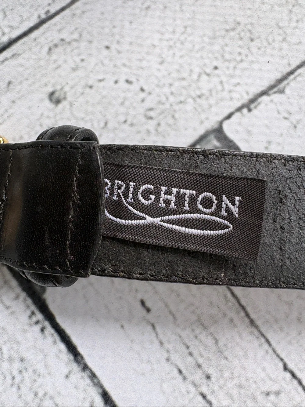 Vintage Brighton Black Leather Belt Gold Scroll Buckle Sz M